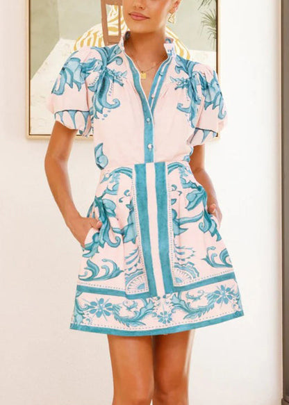 Stylish Light Blue Print Button Linen Two Pieces Set Summer