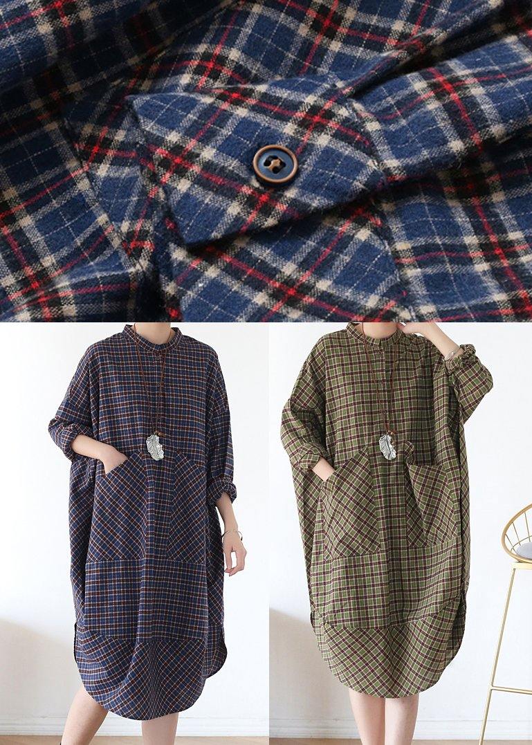 Blue Plaid Cotton Long Shirt Button Spring Long Dresses
