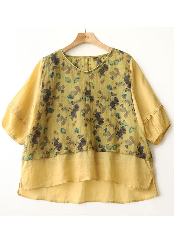 Purple V Neck Print Patchwork Linen Fake Two Piece Top Bracelet Sleeve