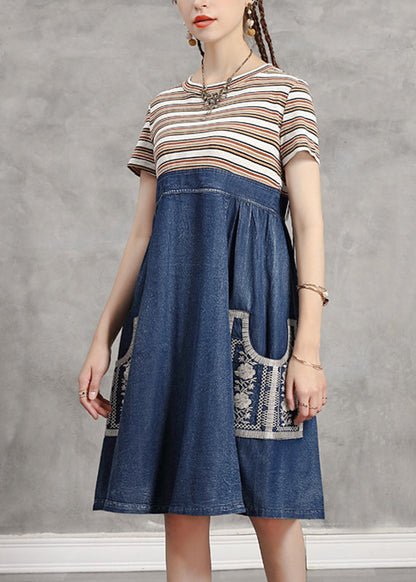 Blue O-neck Striped Knit Patchwork Denim Mid Dress Short Sleeve