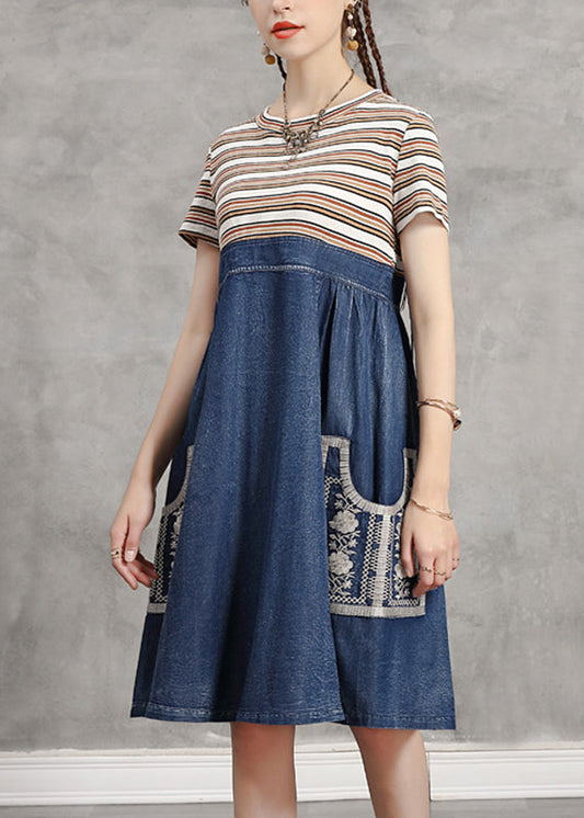 Blue O-neck Striped Knit Patchwork Denim Mid Dress Short Sleeve