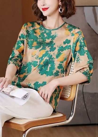 Green Print Wear on Both Sides Blouse Tops O Neck Half Sleeve