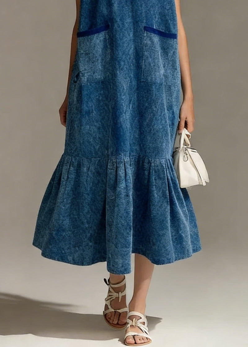 Blue Pockets Wrinkled Denim Long Dress V Neck Summer
