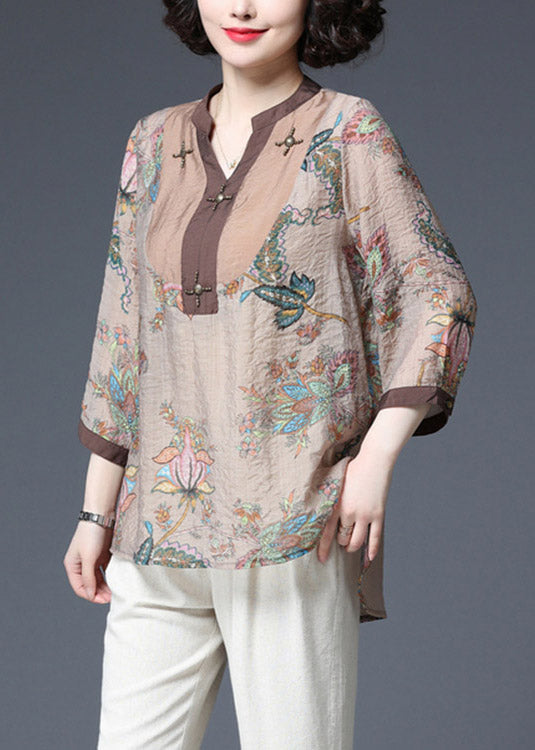 Light Chocolate V Neck Sequined Patchwork Print Chiffon Tops Half Sleeve