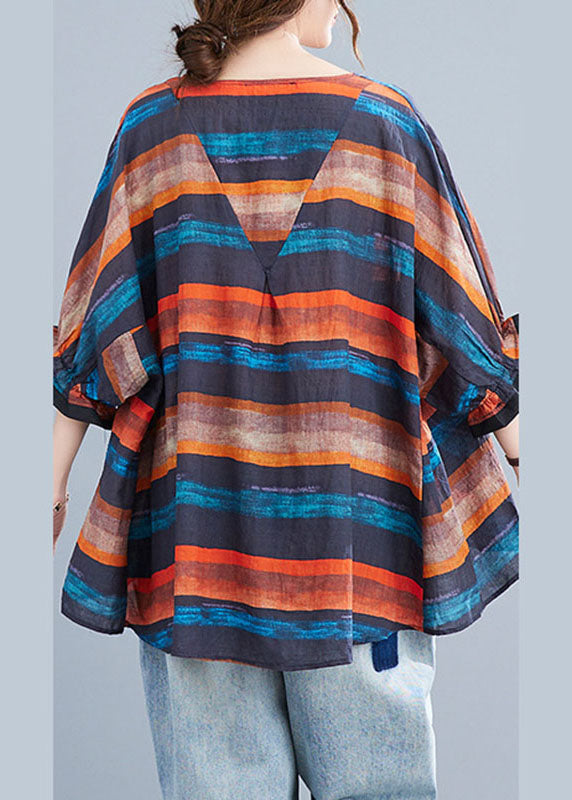 Orange Bat Wing Sleeve O-neck Asymmetrical Design Fall Striped Top