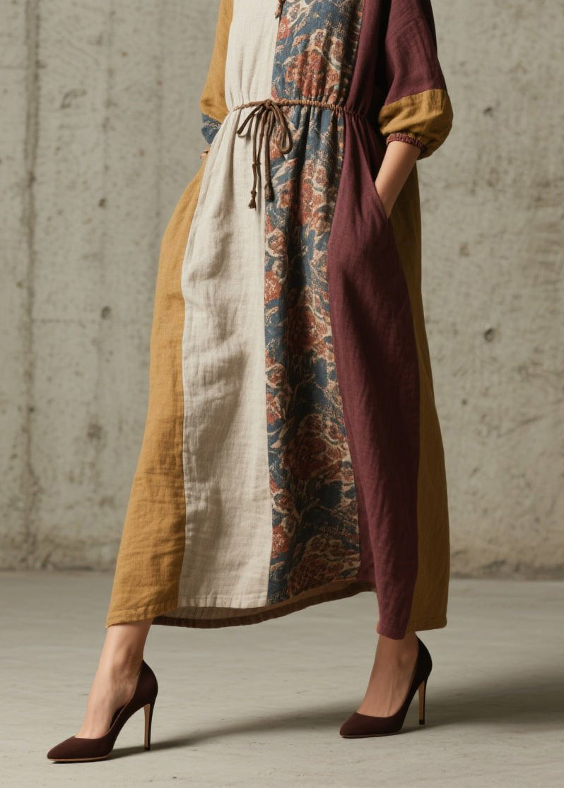 Colorblock V Neck Print Lace Up Cotton Dresses Fall