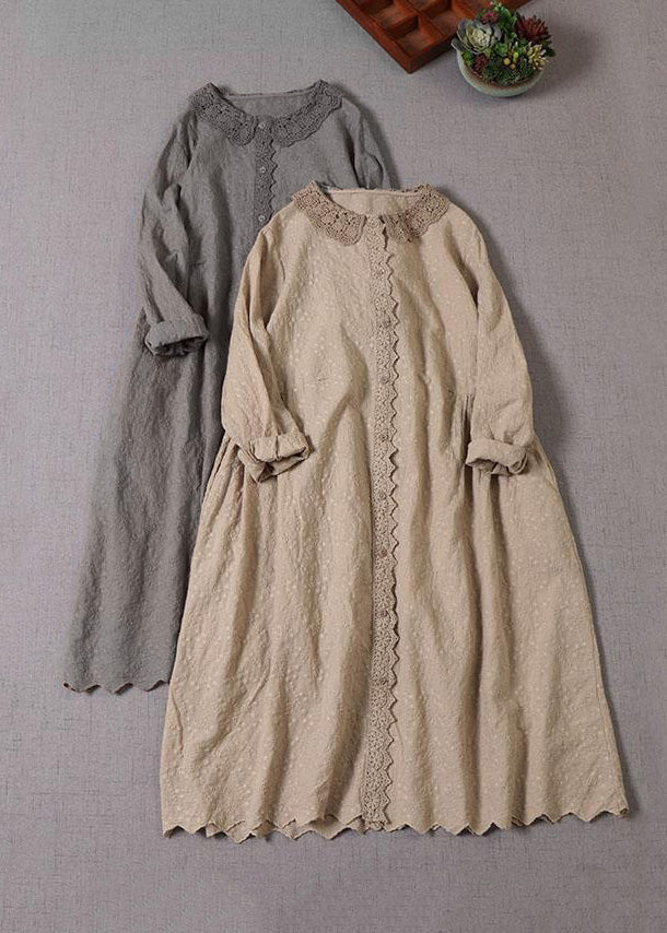 Handmade Khaki Pockets Button Embroideried Fall Wrinkled Maxi Dresses Long Sleeve