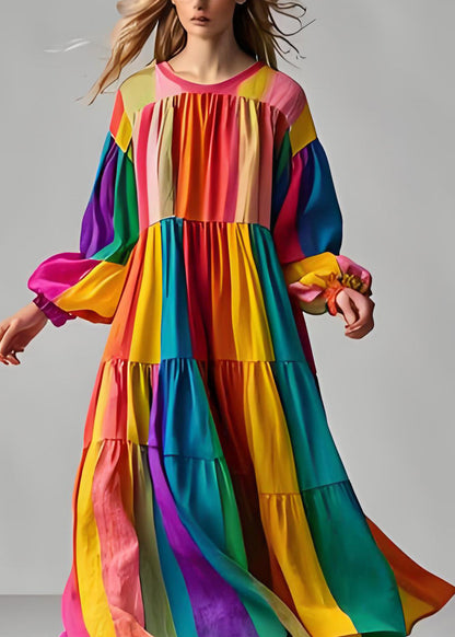 Colorblock O Neck Wrinkled Patchwork Cotton Dress Long Sleeve
