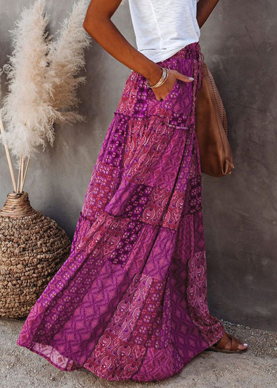 Purple Print Ruffled Patchwork a Line Skirt