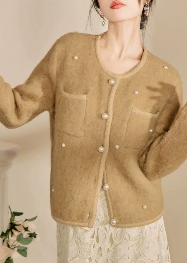 Yellow O Neck Pockets Button Woolen Coat Fall