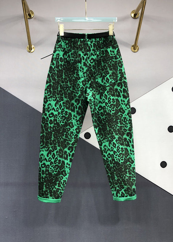 Green Leopard Pockets Patchwork Denim Pants Fall