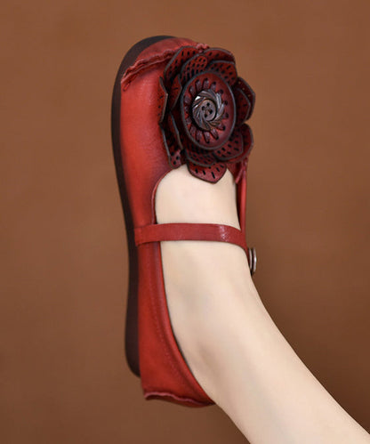 Cowhide Leather Flat Shoes for Red Splicing Buckle Strap