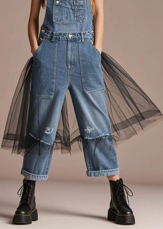 Blue Oversized Patchwork Tulle Denim Jumpsuit Summer