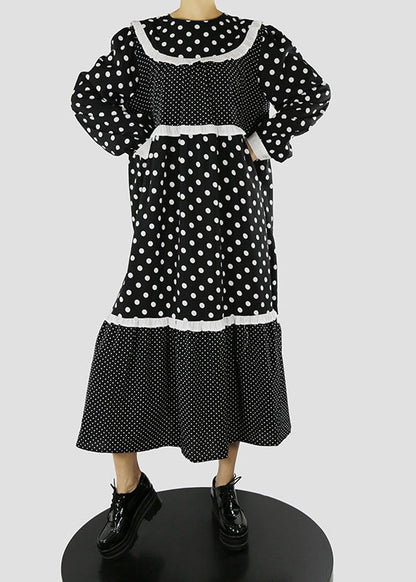 Black Ruffles Zip Up Dot Patchwork Maxi Dresses Spring
