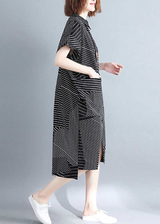 Stylish Black Peter Pan Collar Low High Design Striped Shirt Dresses Short Sleeve