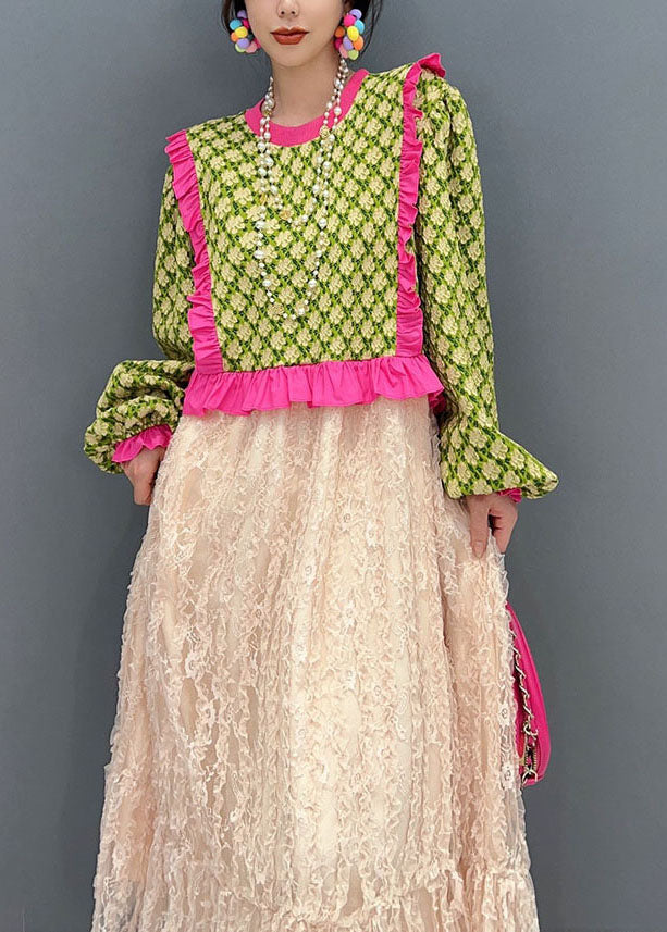 Art Green O-neck Ruffled Patchwork Tulle Maxi Dresses Spring