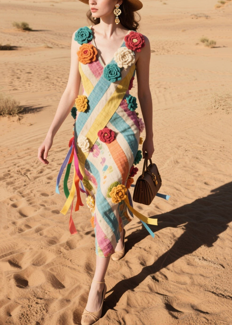 Multicolor Striped Knitted Flower Cotton Cami Dresses Summer