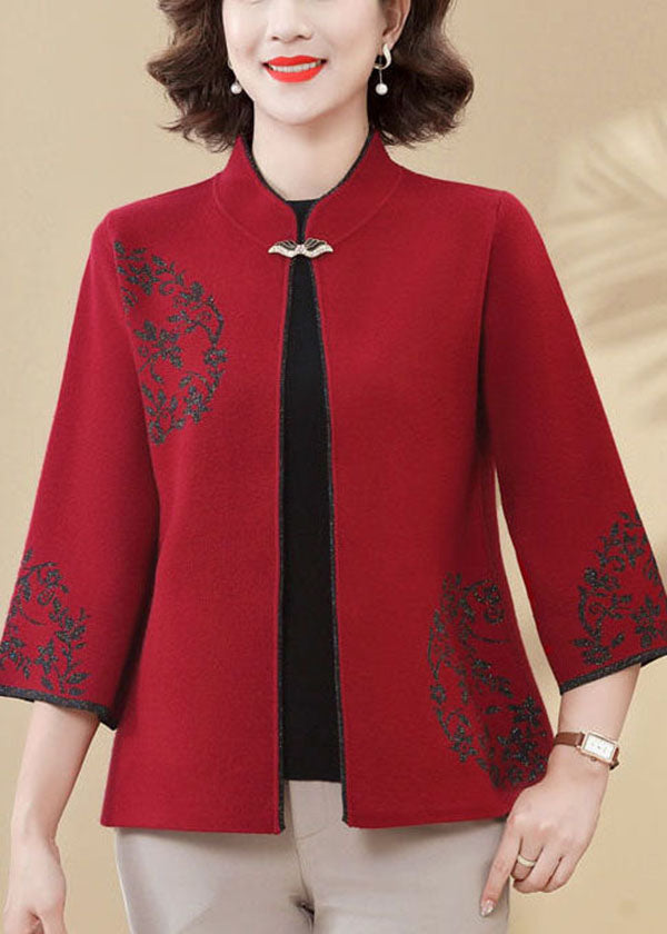 Red Mandarin Collar Print Woolen Coats Bracelet Sleeve