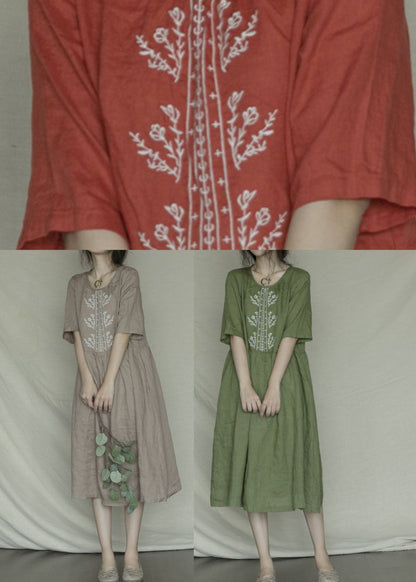 Orange Red O-neck Patchwork Linen Long Dress Short Sleeve