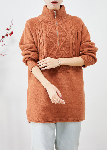 Orange High Neck Zip Up Thick Knit Sweater Tops Winter