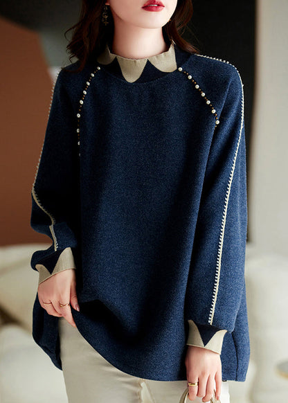 Navy Nail Bead Thick Patchwork Woolen Knitted Tops Winter