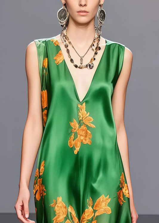 Fine Tea Green V Neck Print Silk Vacation Dresses Sleeveless