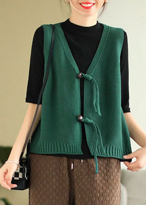 Modern Green V Neck Knit Vest Tops Sleeveless