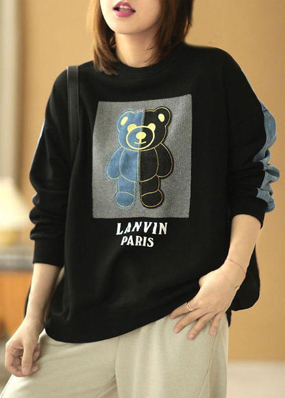 Black Patchwork Denim Print Fall Sweatshirts