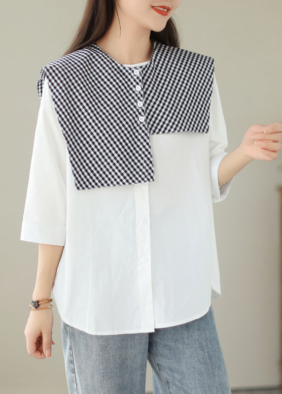 Organic White Plaid Button Shawl and Shirts Two Pieces Set Summer
