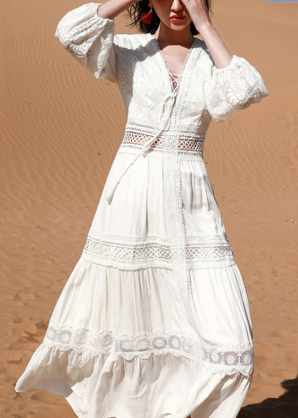 White Lace Hollow Out Long Dress Puff Sleeve