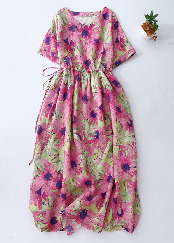 Pink Cinched Print Linen Vacation Dresses Summer