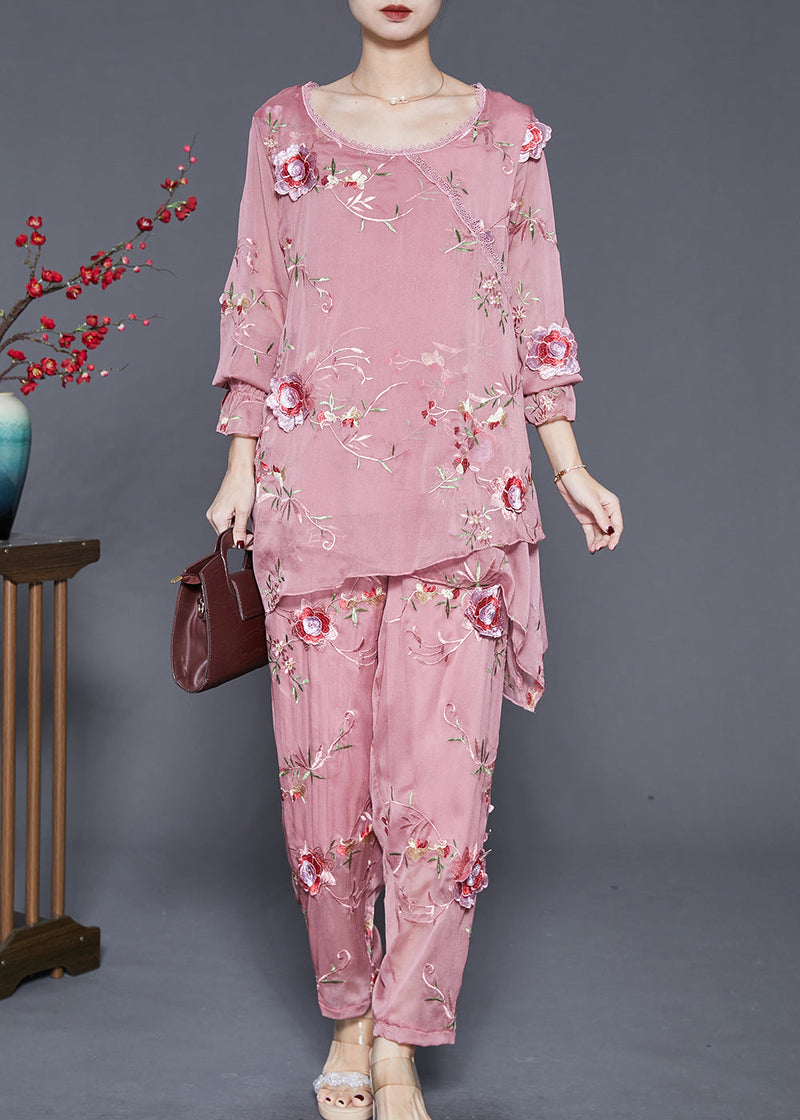 Simple Pink Asymmetrical Design Embroidered Silk Two Pieces Set Spring