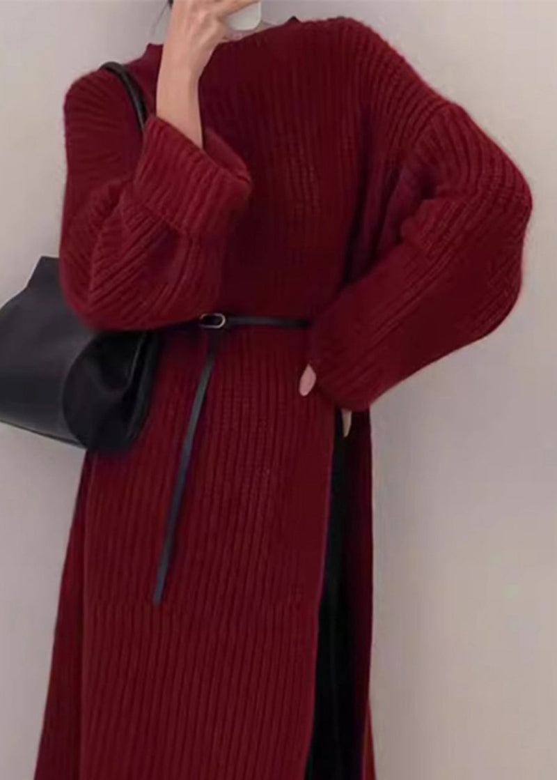 Red O Neck Side Open Knit Long Sweater Spring