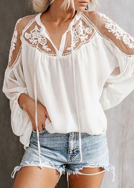 Black V Neck Chiffon Tops Lantern Sleeve