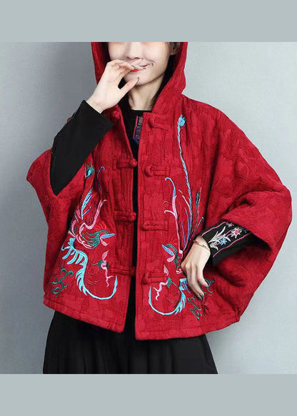 Red Embroidered Chinese Button Hooded Warm Fleece Coat Spring