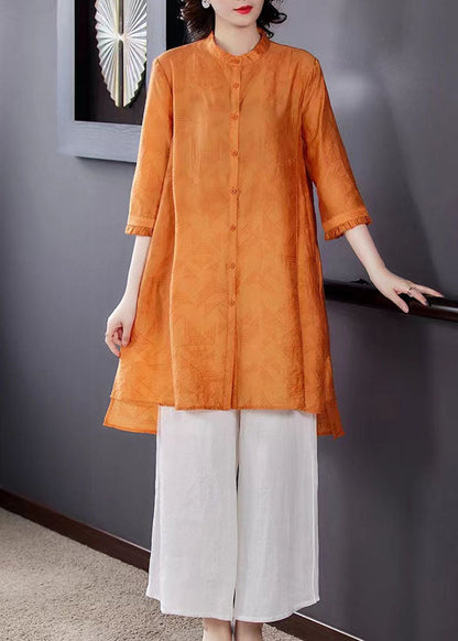 Boutique Yellow Stand Collar Tops and Pants Linen Two Piece Suit Set Spring