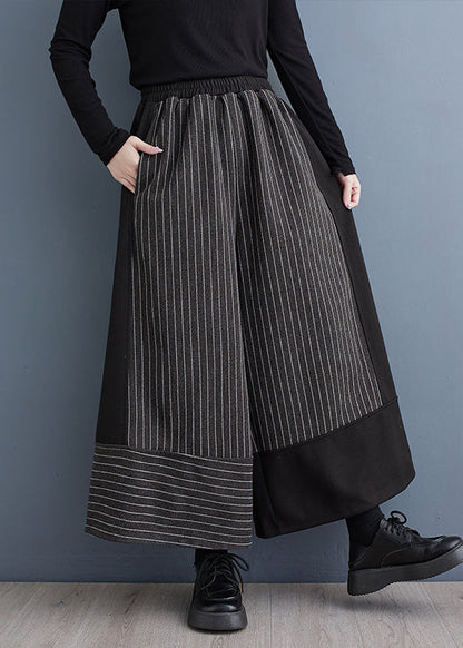 New Black Striped Patchwork Elastic Waist Woolen Wide Leg Pants Spring