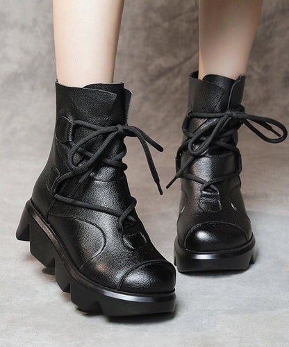Lace Up Splicing Platform Boots Dark Brown Cowhide Leather Fuzzy Wool Lined