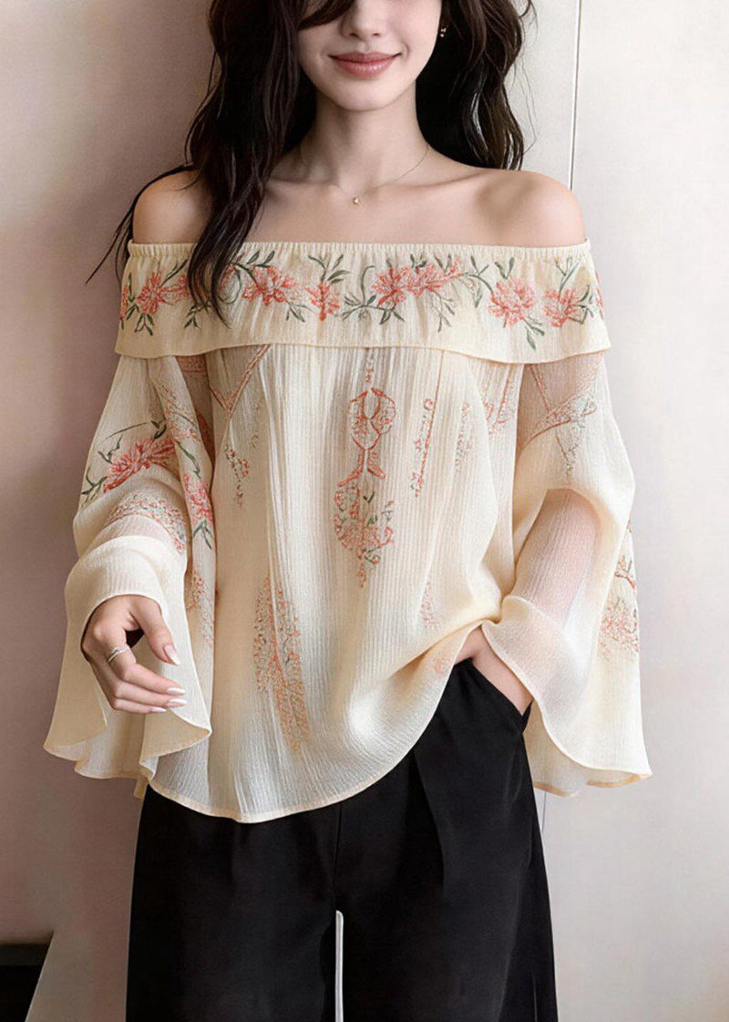 Beige Cold Shoulder Print Cotton Blouses Flare Sleeve