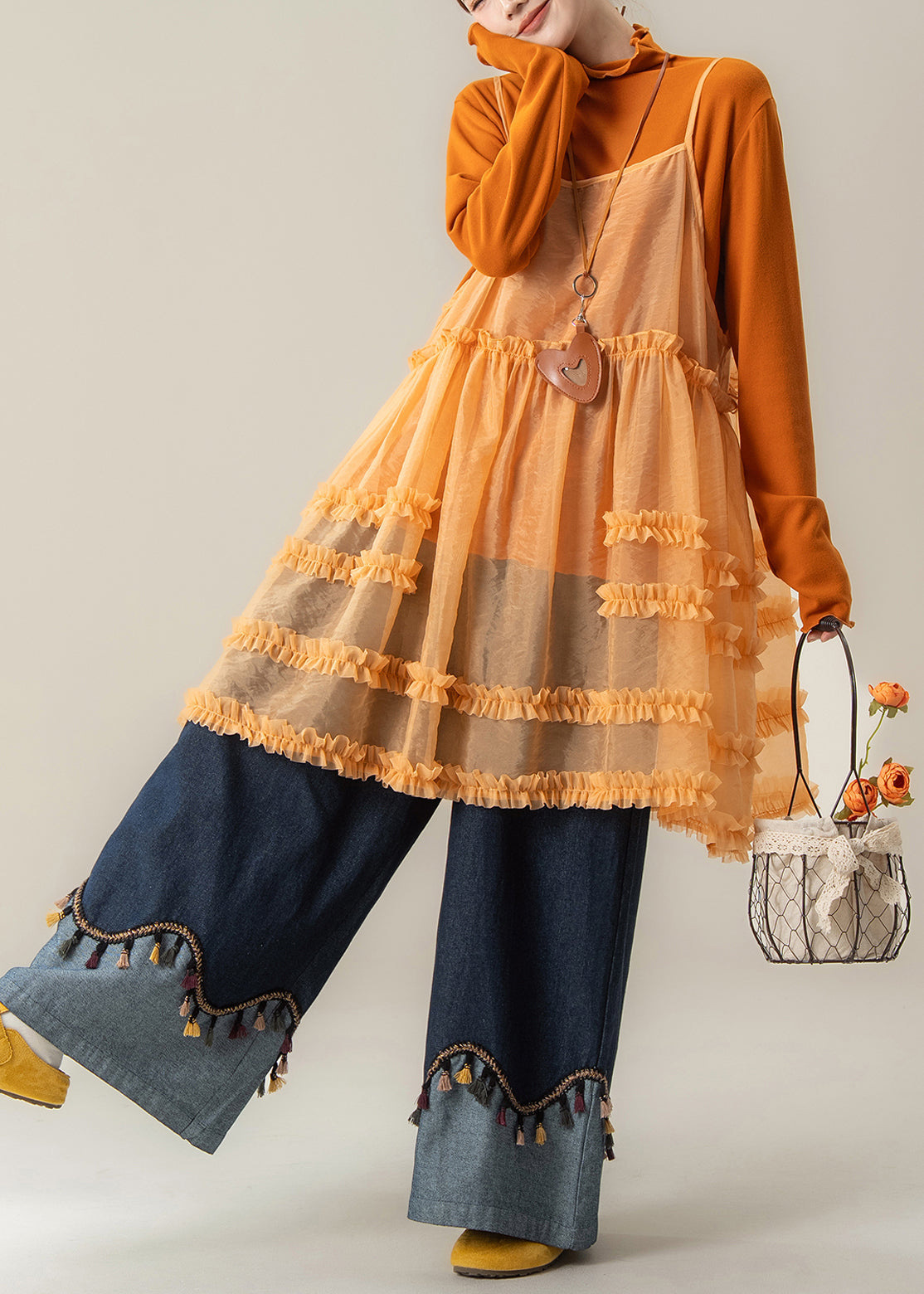 French Orange Ruffled Spaghetti Strap Dress Cotton T Shirt and Denim Pants 3 Pieces Set Spring