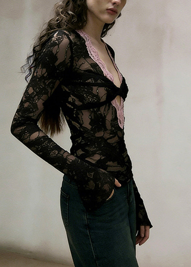 Style Black V Neck Patchwork Lace Shirt Top Spring