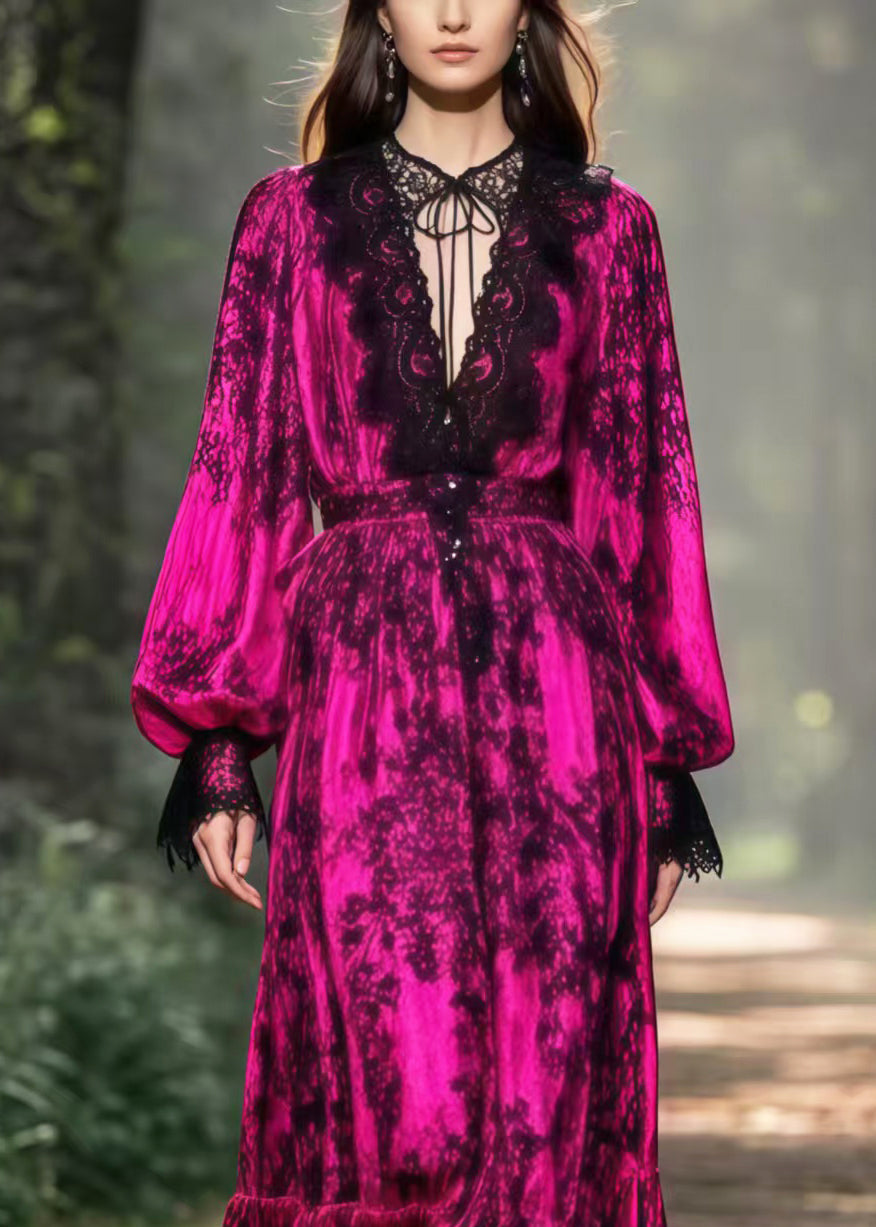 Rose V Neck Patchwork Lace Maxi Dress Lantern Sleeve