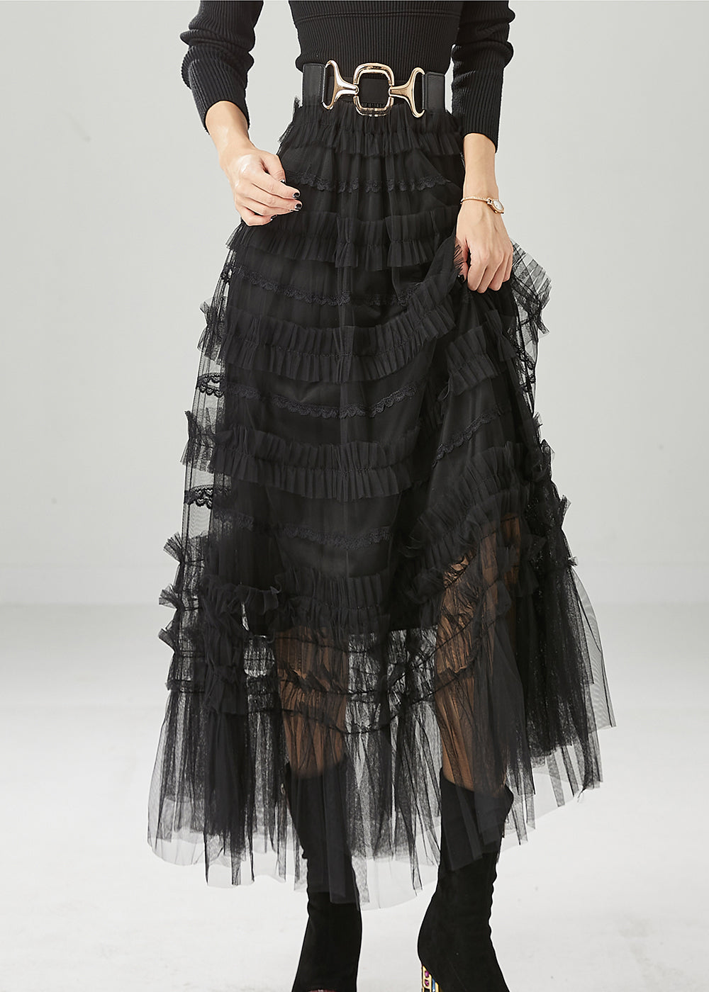 Black Ruffled Tulle Vacation Skirts Fall