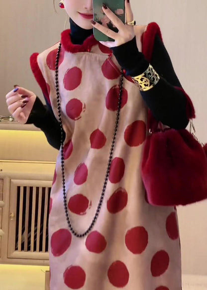 Art Red Stand Collar Dot Patchwork Thick Dress Sleeveless