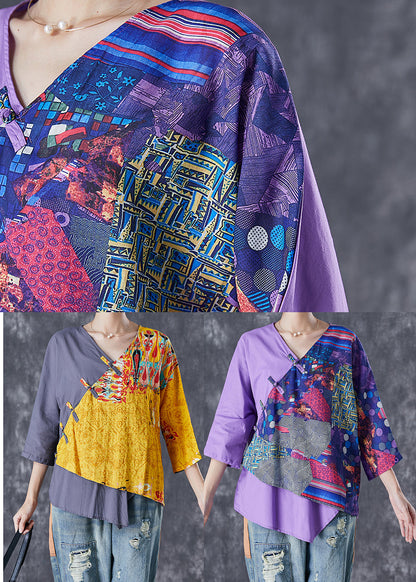 Purple Asymmetrical Print Linen Shirt Tops Summer