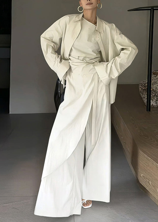 White Peter Pan Collar Shirts Vest and Wide Leg Pants Cotton Three Piece Set Long Sleeve