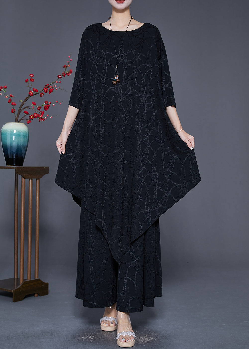 Black Striped Silk Sets 2 Pieces Asymmetrical Summer
