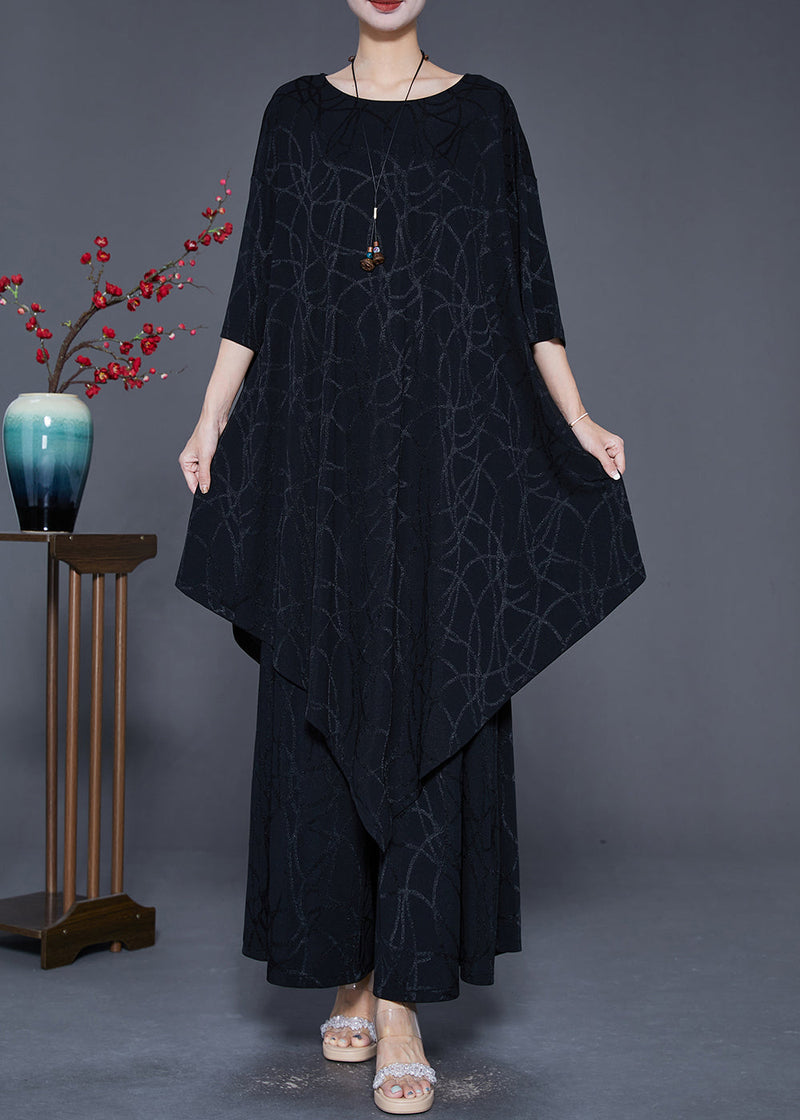 Black Striped Silk Sets 2 Pieces Asymmetrical Summer