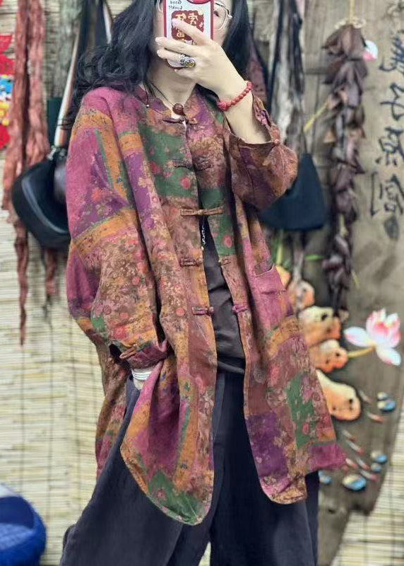 Colorblock Stand Collar Print Mid Linen Shirt Spring