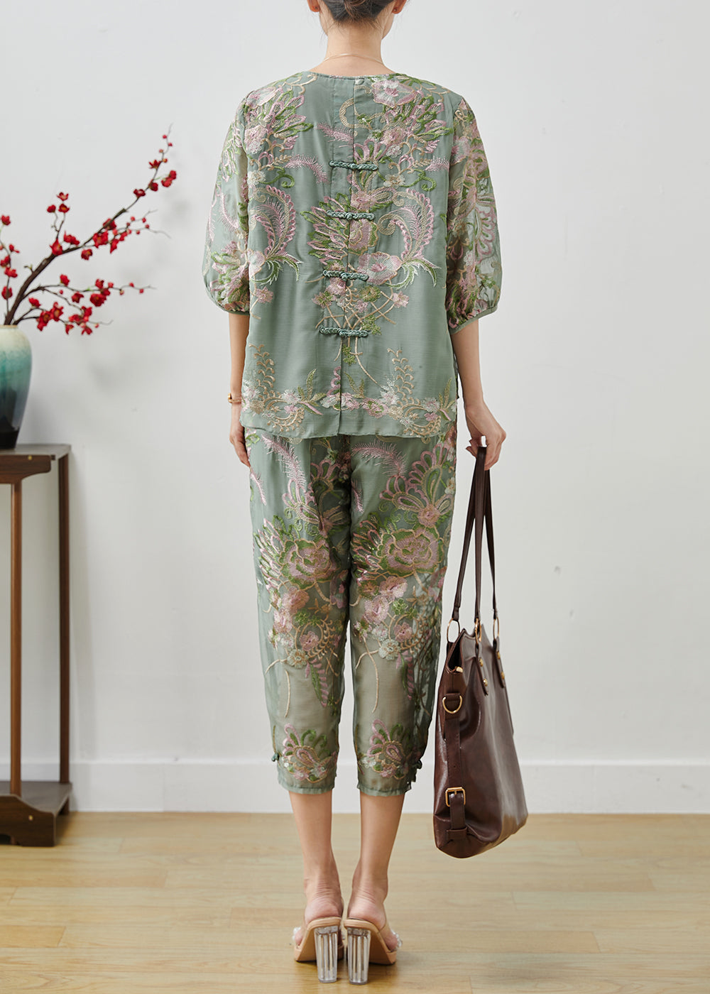 Green Embroidered Chinese Button Silk Two Pieces Set Summer